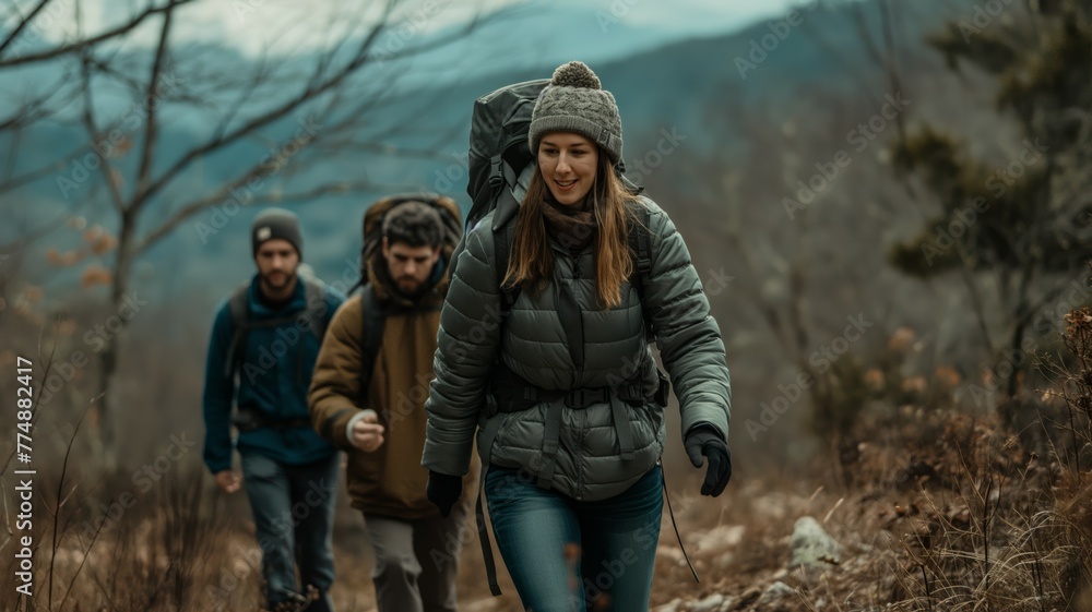 Group of friends on a cold hiking trip