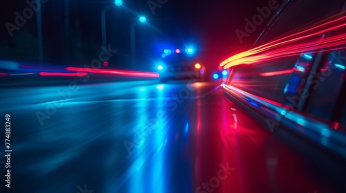 Police car with flashing red blue light driving on city road