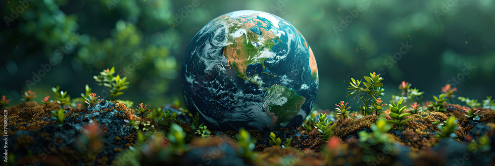 Earth crystal glass ball on a flowering field. Earth day concept. Earth crystal glass ball on a flowering field. Earth day concept.