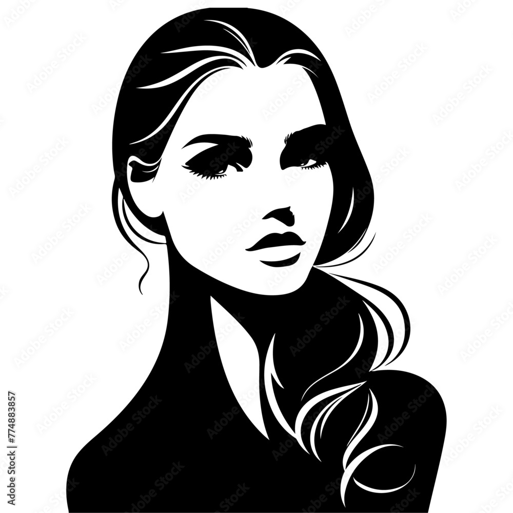 Beautiful young woman portrait, vector black color silhouette, Black color silhouette 16