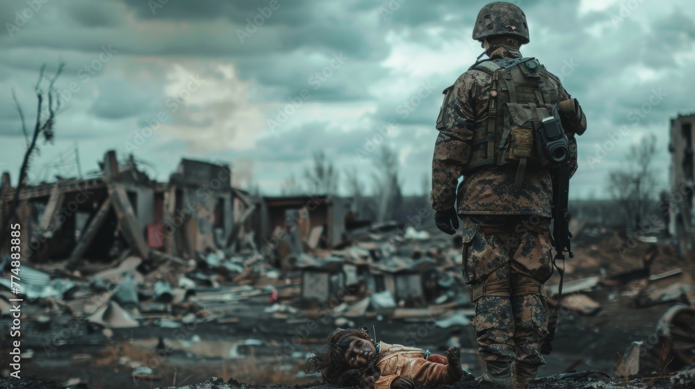 A lone soldier stands with his back to the camera and looks at the destroyed city, a child's burnt doll lies nearby. Copy space
