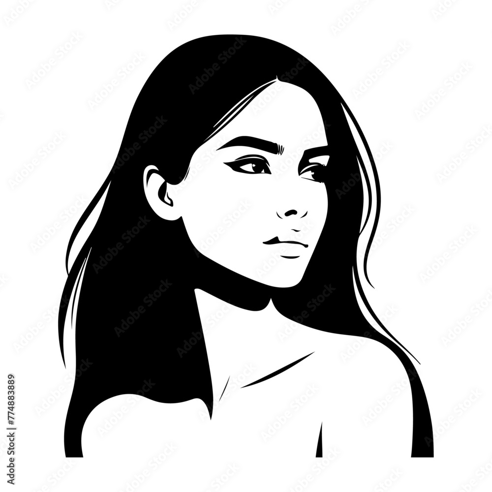 Beautiful young woman portrait, vector black color silhouette, Black color silhouette 18