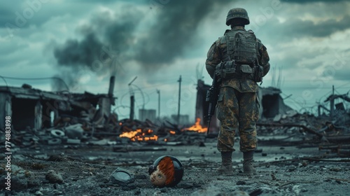 A soldier stands with his back to the camera and looks at the destroyed city