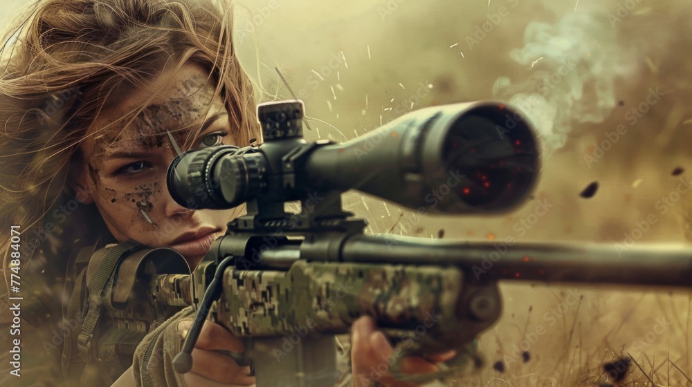 Portrait of a female sniper with rifle in battle field