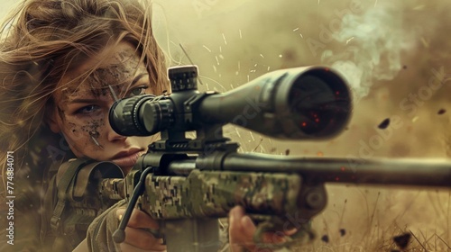 Obraz na płótnie Portrait of a female sniper with rifle in battle field w salonie