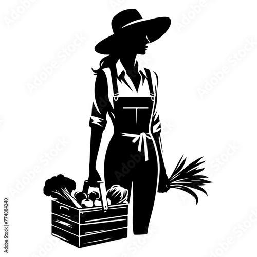 young female farmer carrying a crate of fresh produce vector black color silhouette, Black color silhouette 7