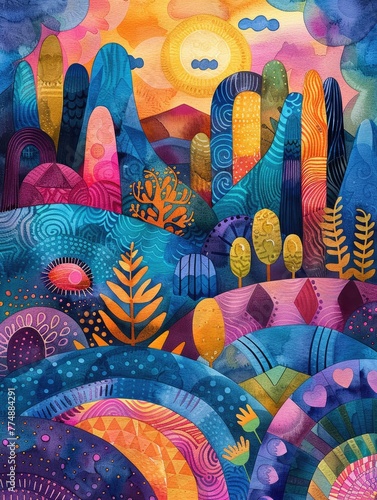 all things summer art watercolor, vibrant stage backdrops, indigo, dot-painted colors, optical blending, organic material, dreamlike horizons, illustration made with Generative Ai