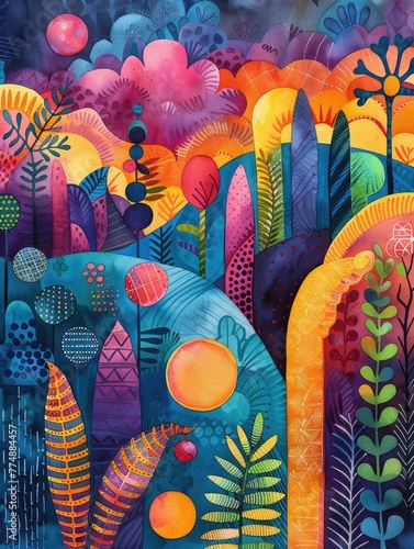 all things summer art watercolor, vibrant stage backdrops, indigo, dot-painted colors, optical blending, organic material, dreamlike horizons, illustration made with Generative Ai