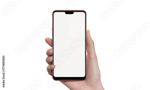 Man hand holding smartphone mock up design with blank screen transparent image. photo