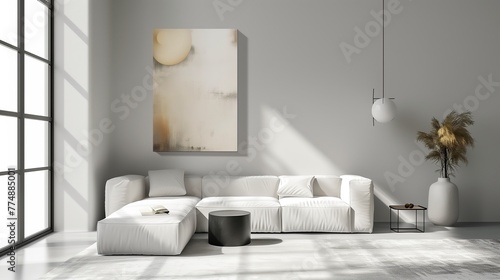 A minimalist living room with a pristine white sofa and a single piece of abstract art