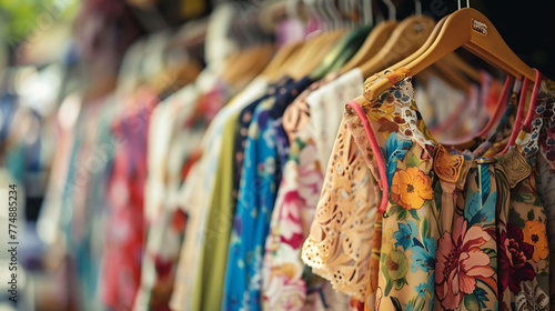 A variety of clothing items hang on a rack at a local boutique.