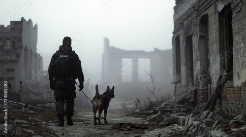 Firefighter searching in building ruin for survivors with the help of rescue dog