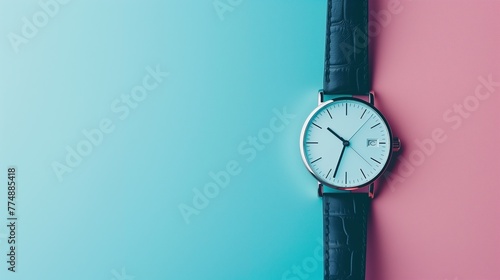 A single elegant wristwatch placed against a pristine solid color backdrop, minimalist composition