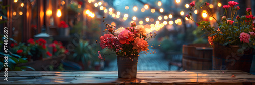 Flower Bouquet on Wood Table at Night Time 3d image wallpaper 