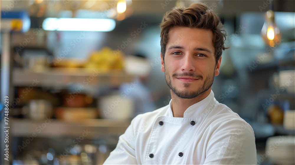 Handsome young chef with kitchen background Handsome young chef with kitchen background