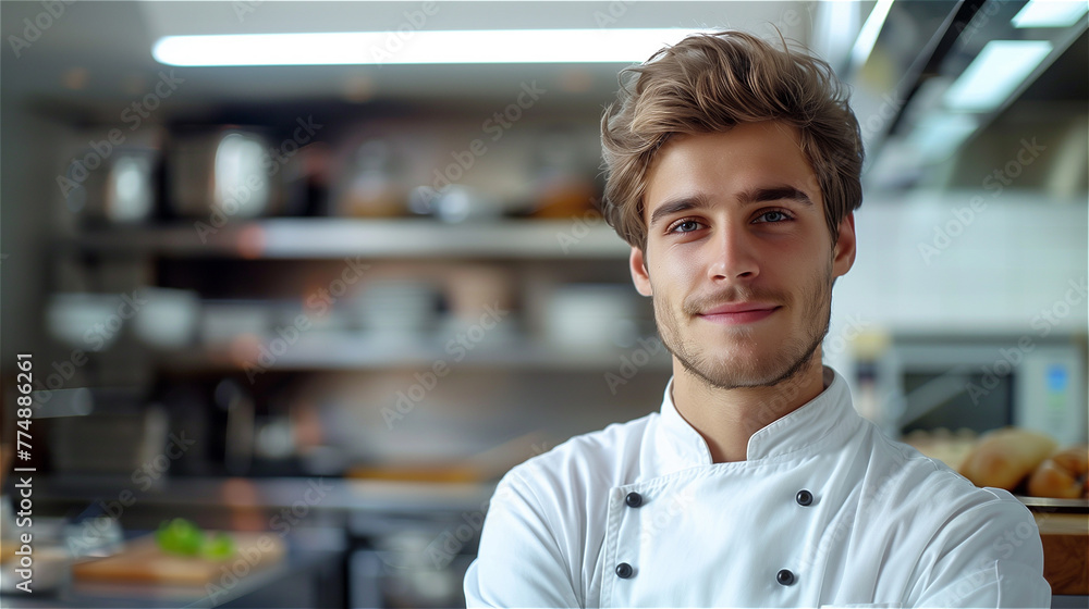 Fototapeta premium Handsome young chef with kitchen background