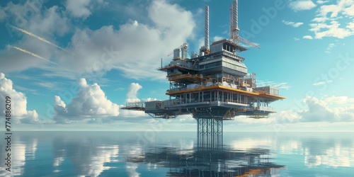 Futuristic offshore oil rig on calm sea, suitable for industrial and technological innovation concepts photo