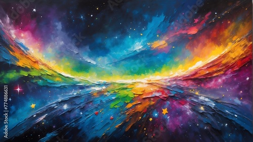 rainbow color theme space cosmos with stars oil pallet knife paint painting on canvas with large brush strokes modern art illustration abstract from Generative AI