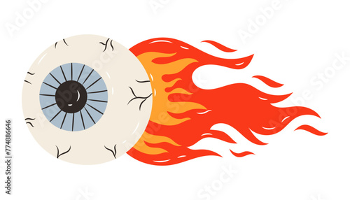 Burning Flaming Eyeball Vector Graphic. Vector Illustration of a human eyeball on fire and flying through the air, leaving a trail of flames behind it.
