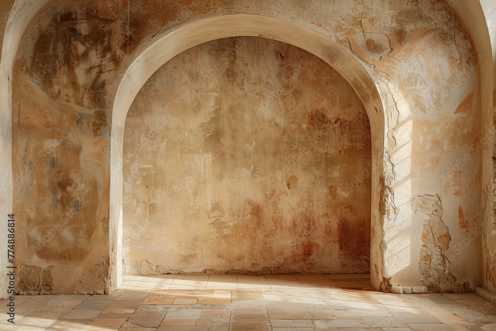 Fototapeta premium Sunlit arched corridor with textured walls