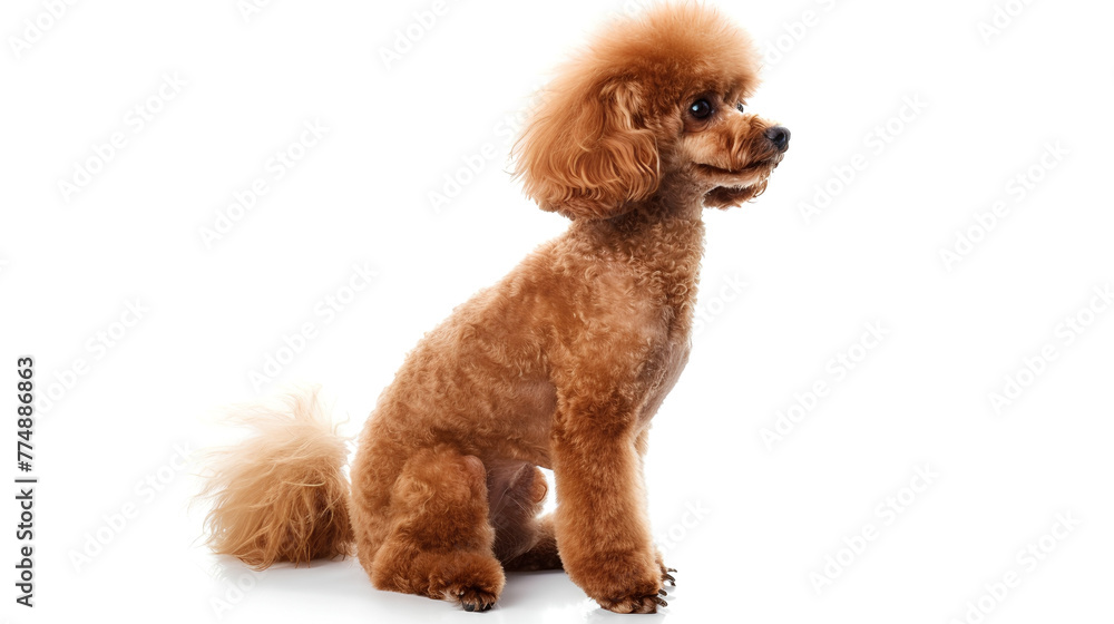 brown Toy Poodle sitting and looking away on a pure white background brown Toy Poodle sitting and looking away on a pure white background