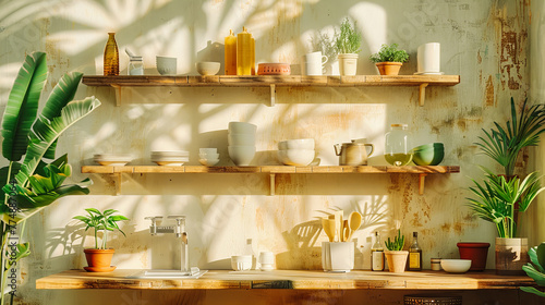 Elegant Kitchen Shelves Stocked with Ceramic Tableware, Clean and Organized Cooking Space