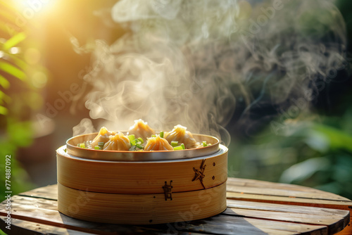 Steaming dim sum in morning light photo