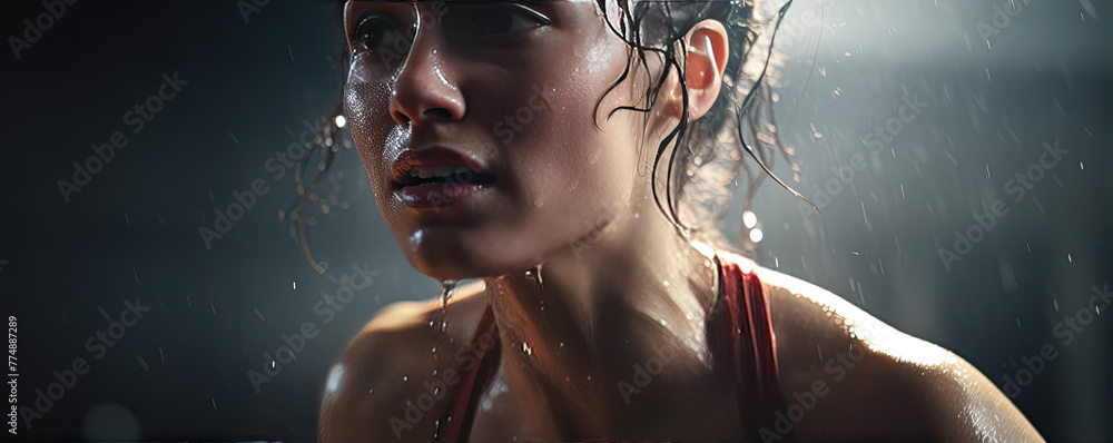 Sweating sport woman dark background. Young fitness girl in rain at night city background. Sweating sport woman dark background. Young fitness girl in rain at night city background.