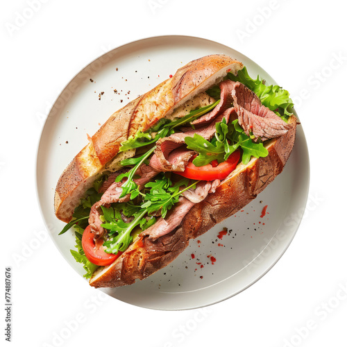 Delicious Roast Beef Sandwich on a Plate, Isolated on a Transparent Background