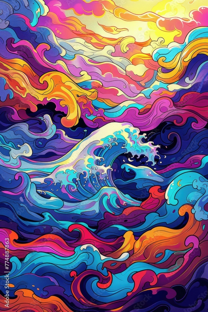 Ocean Waves, lines, a whole comic style, colorful psychedelia, illustration made with Generative Ai