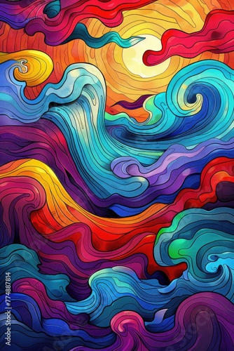 Ocean Waves, lines, a whole comic style, colorful psychedelia, illustration made with Generative Ai