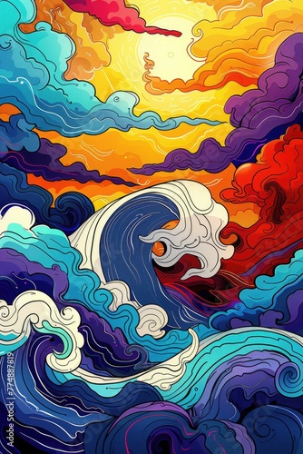 Ocean Waves, lines, a whole comic style, colorful psychedelia, illustration made with Generative Ai