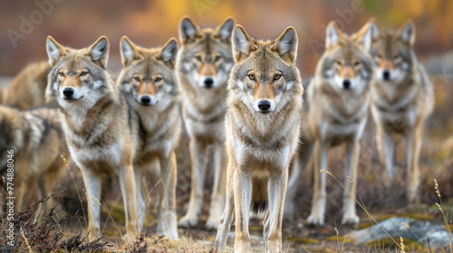 A pack of wolves looking at the camera