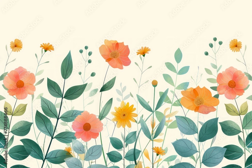 Flat Design of Linear Leaves and Flowers in Pastel Colors

