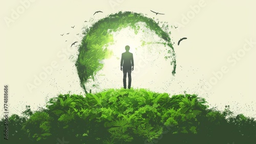 Minimalist Flat Illustration of Man Saving Green Planet for Earth Day

