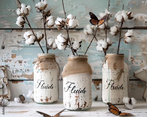 Rustic Mason Jar Decor with Cotton Branches and Butterflies
