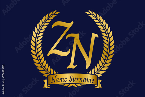 Initial letter Z and N, ZN monogram logo design with laurel wreath. Luxury golden calligraphy font.