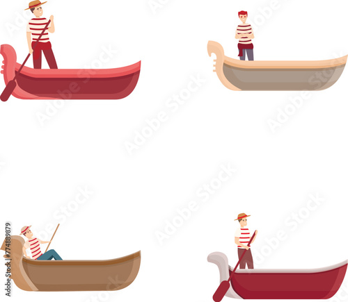 Venice gondola icons set cartoon vector. Italian boat with gondolier. Europe traveling