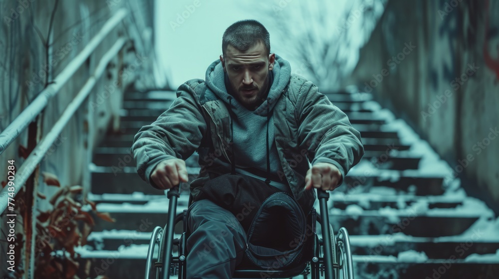 Adaptive Mobility: Man on Crutches or in a Wheelchair Adaptive Mobility: Man on Crutches or in a Wheelchair