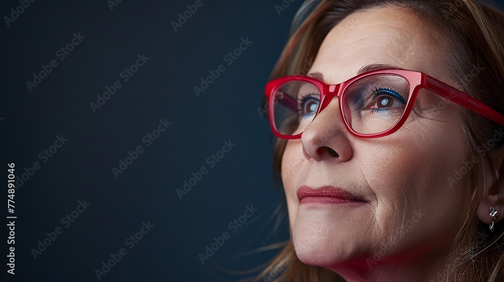 Generative AI : Middle age woman with red glasses close up portrait on dark background. Generative AI : Middle age woman with red glasses close up portrait on dark background.