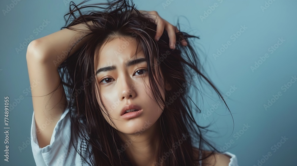 Generative AI : Beautiful young woman worry with her messy hair Generative AI : Beautiful young woman worry with her messy hair
