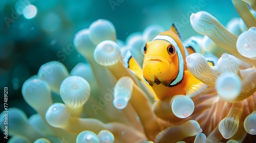 Cute clownfish peeking from anemone home ai image