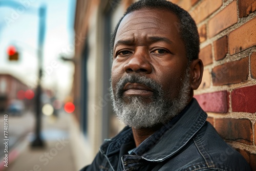 Portrait of a handsome African-American man with a gray beard and mustache wearing a black leather jacket and looking at the camera in the city