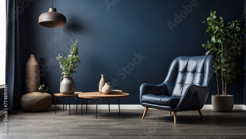 A blue armchair sits in a blue room with a gold lamp and end table next to it