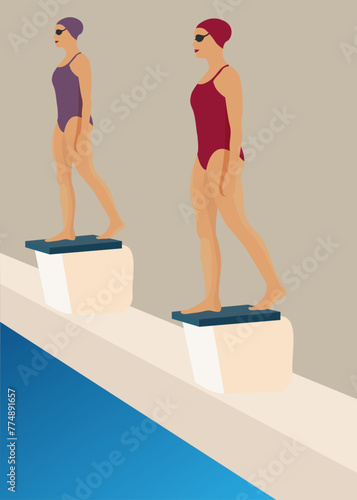 Beautiful Female Swimmer Diving in Swimming Pool. Professional Athlete Standing on a Starting Block, Ready to Jump into Water. Person Determined to Win Championship.