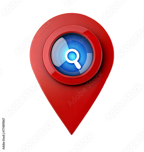 3d render of icon symbol design of a red map marker pin with a magnifying glass icon in the middle. Concept of global coordinate, dot, needle tip photo