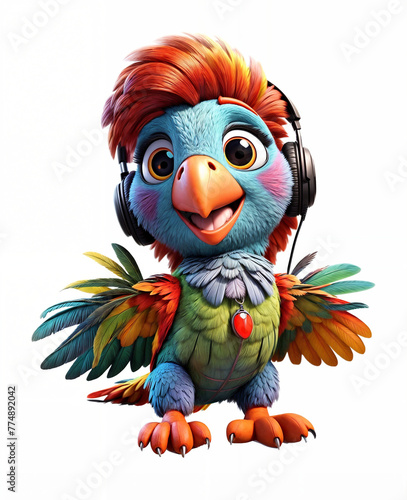 A delightful, vibrant 3d illustration render of a cheerful parrot, radiating happiness as it sings and dances with boundless joy