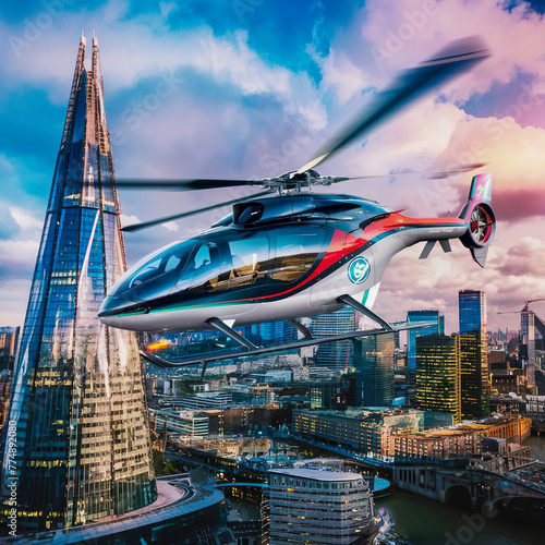 Passenger helicopter flying over a modern city