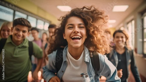 Teenager school kids running in high school hallway ,happy, smiling	 photo