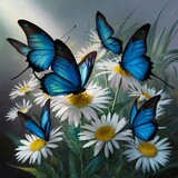 colorful blue tropical morpho butterflies on delicate daisy flowers painted with oil paint
